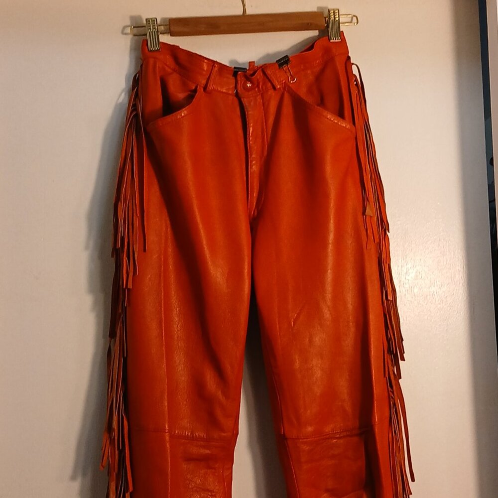 Fiorucci 1980 Vintage Red Leather Fringe Safety Jeans * Edgy Western  * Sz 28 - Picture 9 of 14